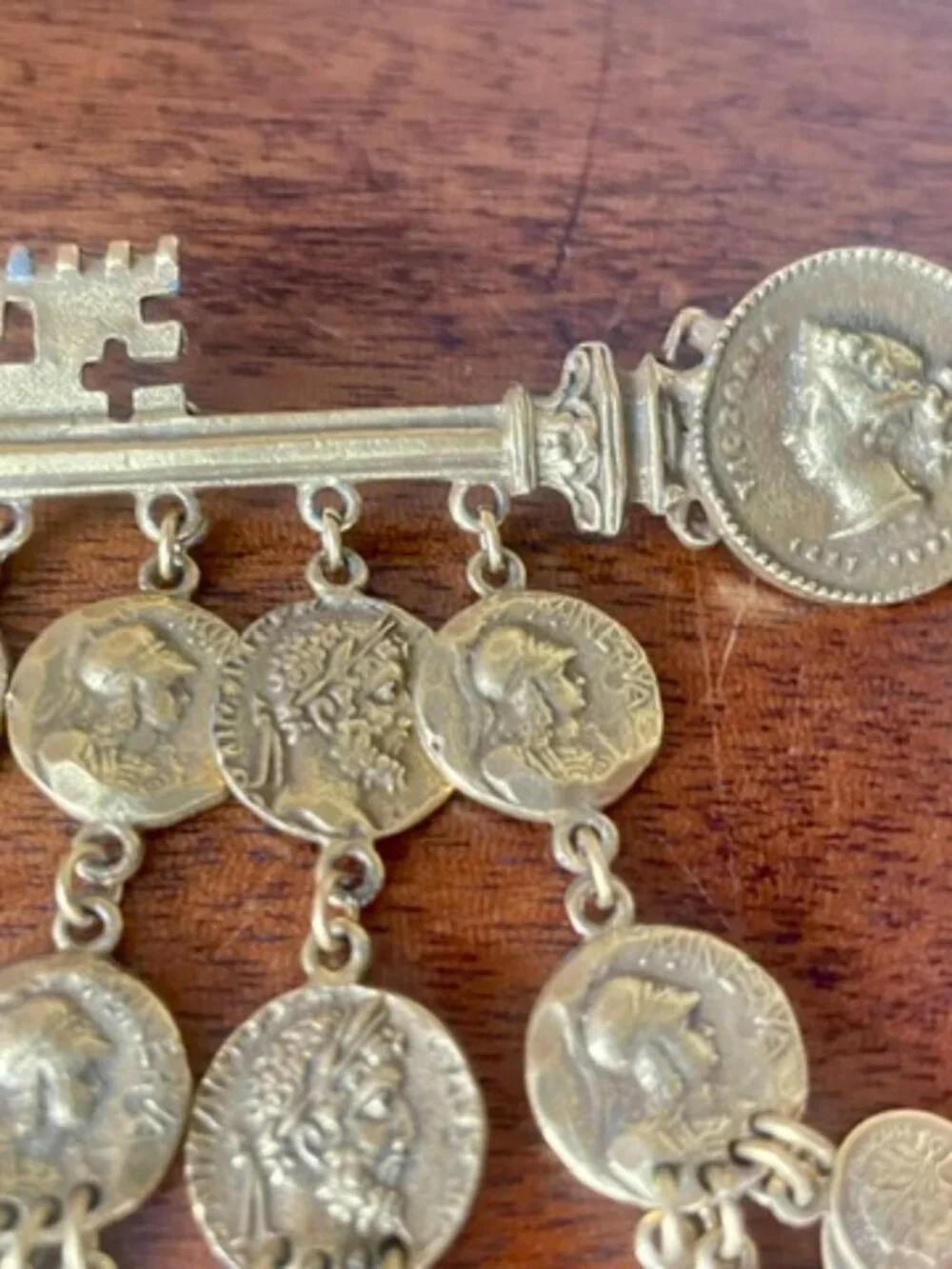 Vintage Rare Corocraft Gold Tone Faux Ancient Coin Dangle Key Statement Brooch
